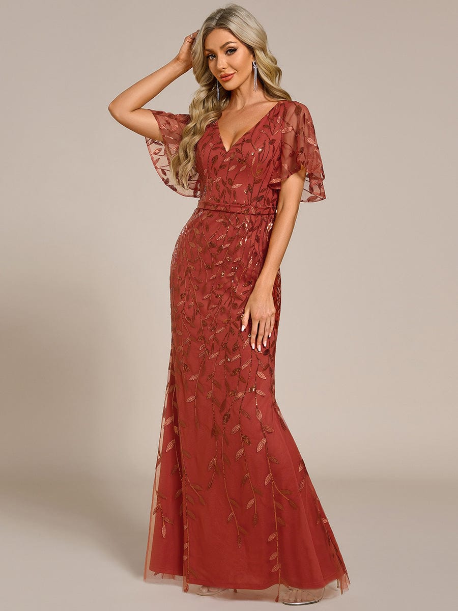 Gorgeous V Neck Leaf-Sequined Fishtail Party Dress #color_Burnt Orange