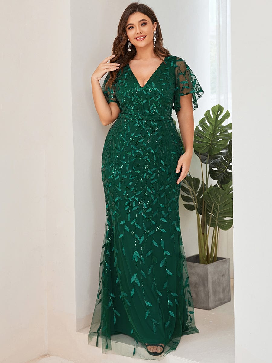 Fashion Plus Size V Neck Mermaid Sequin & Tulle Evening Dress #color_Dark Green