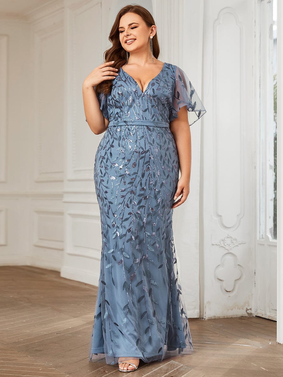 Fashion Plus Size V Neck Mermaid Sequin & Tulle Evening Dress #color_Dusty Navy