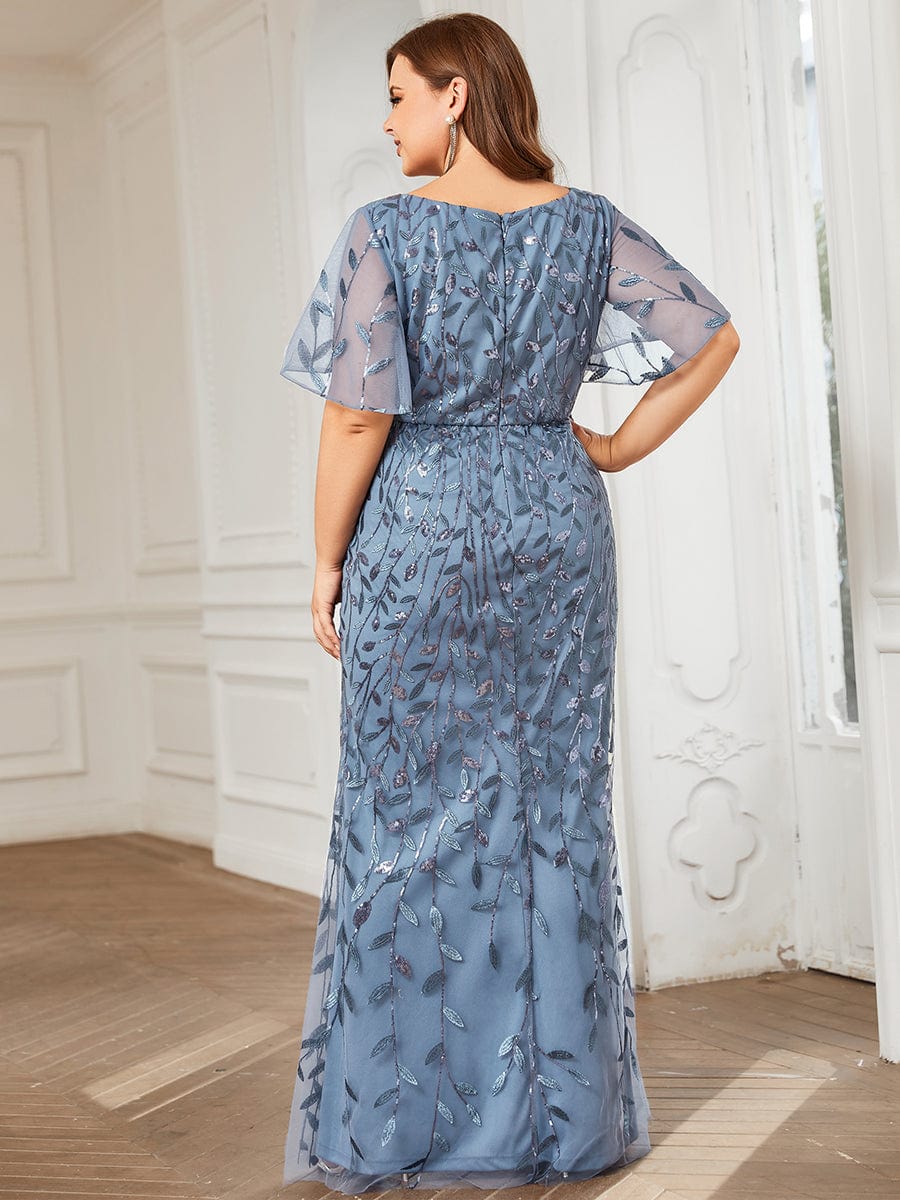 Fashion Plus Size V Neck Mermaid Sequin & Tulle Evening Dress #color_Dusty Blue