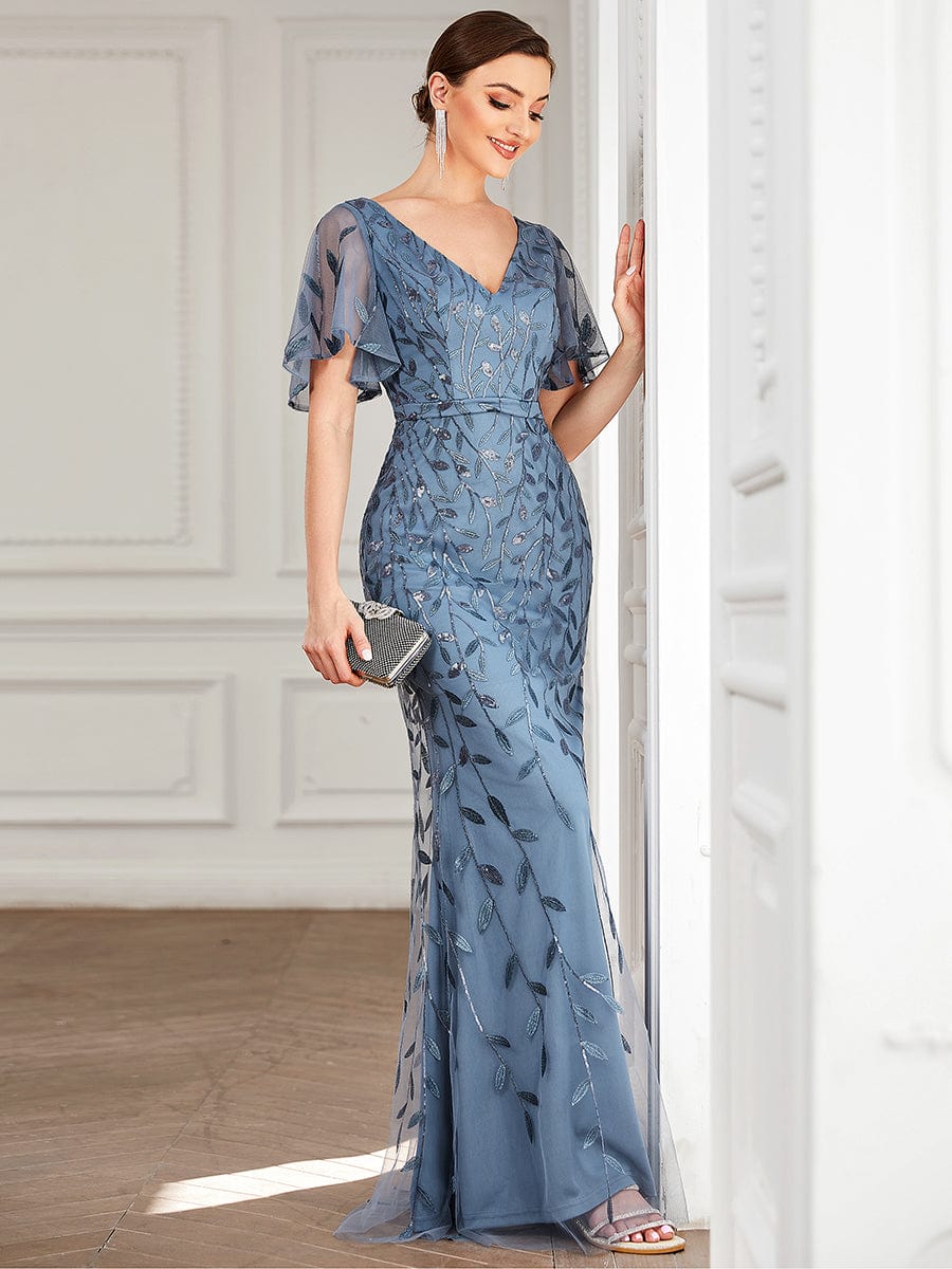 Gorgeous V Neck Leaf-Sequined Fishtail Party Dress #color_Dusty Navy