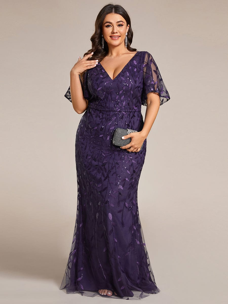 Fashion Plus Size V Neck Mermaid Sequin & Tulle Evening Dress #color_Dark Purple