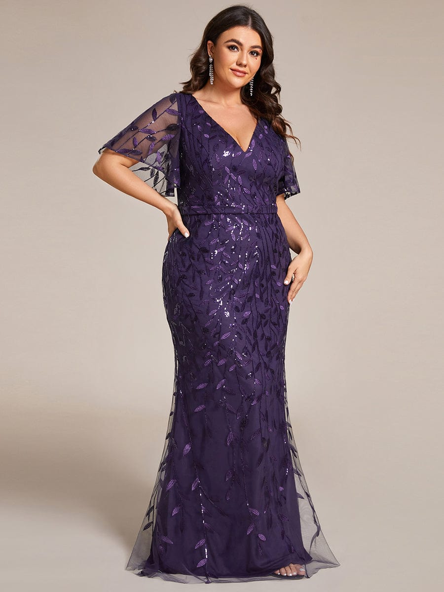 Fashion Plus Size V Neck Mermaid Sequin & Tulle Evening Dress #color_Dark Purple