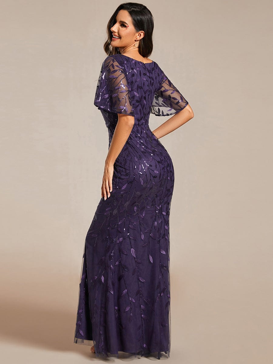 Gorgeous V Neck Leaf-Sequined Fishtail Party Dress #color_Dark Purple