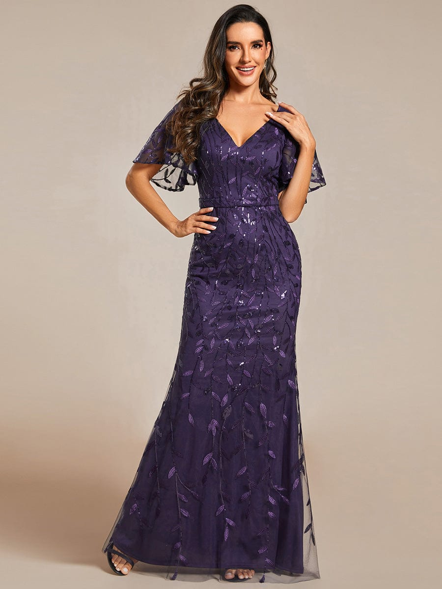 Gorgeous V Neck Leaf-Sequined Fishtail Party Dress #color_Dark Purple