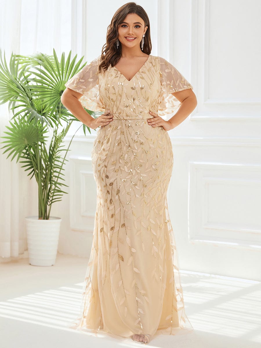 Fashion Plus Size V Neck Mermaid Sequin & Tulle Evening Dress #color_Gold