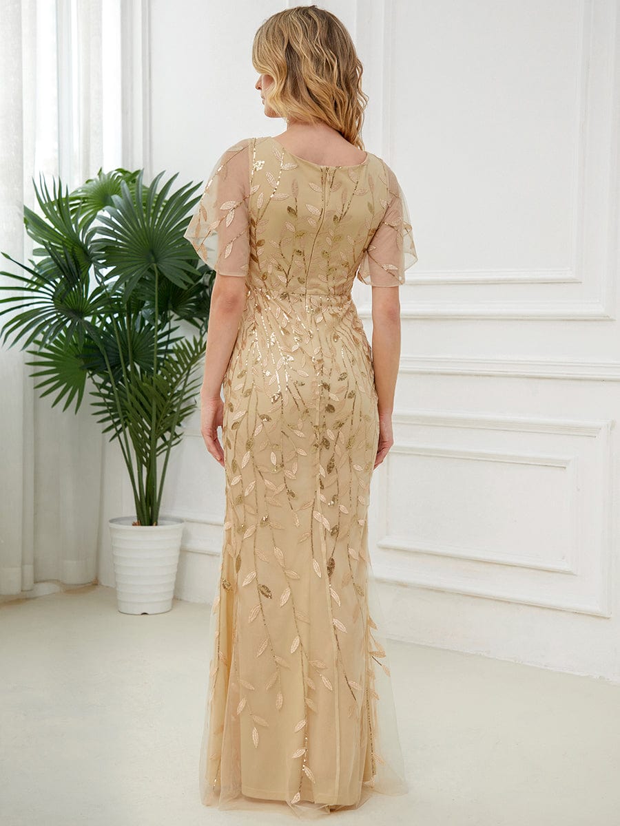 Gorgeous V Neck Leaf-Sequined Fishtail Party Dress #color_Gold