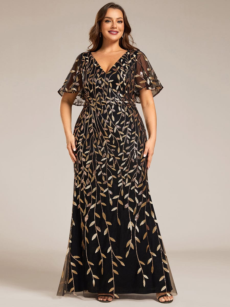 Fashion Plus Size V Neck Mermaid Sequin & Tulle Evening Dress #color_Black & Gold