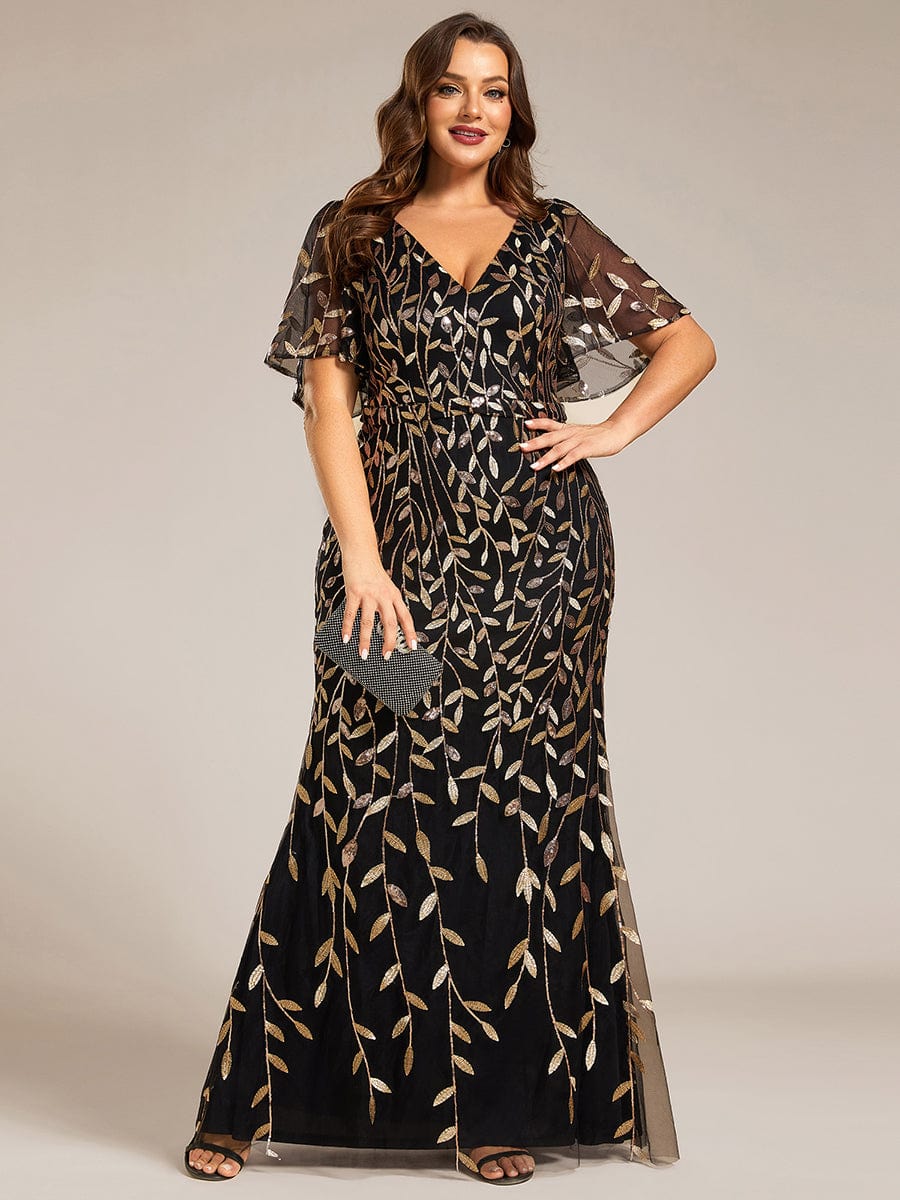 Fashion Plus Size V Neck Mermaid Sequin & Tulle Evening Dress #color_Black & Gold