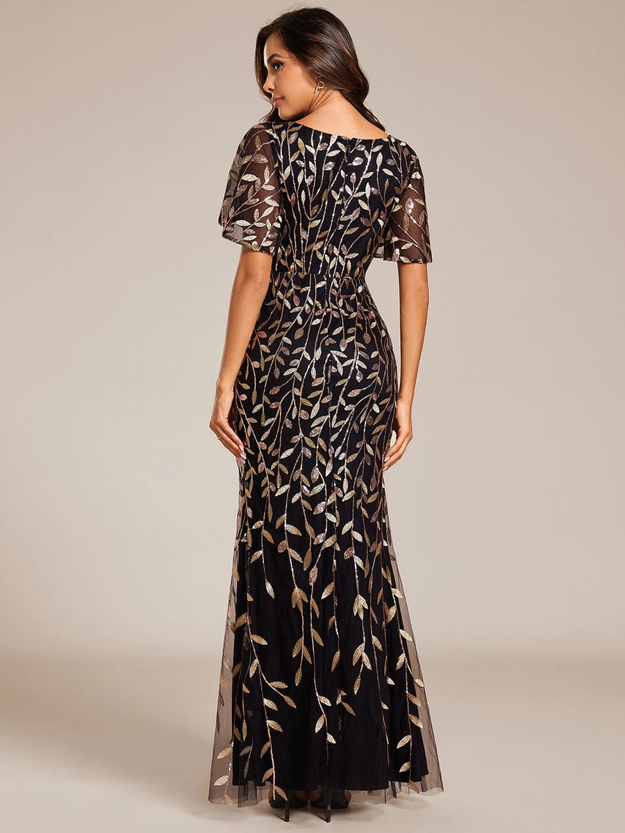 Gorgeous V Neck Leaf-Sequined Fishtail Party Dress #color_Black & Gold