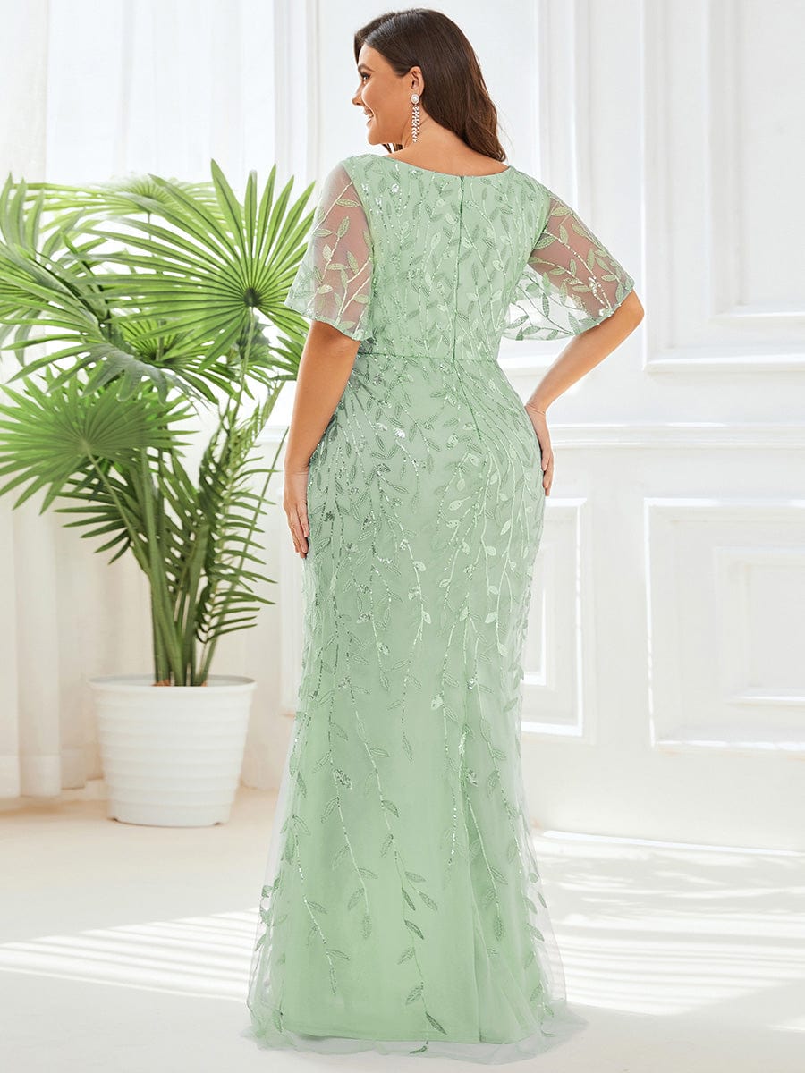 Fashion Plus Size V Neck Mermaid Sequin & Tulle Evening Dress #color_Mint Green