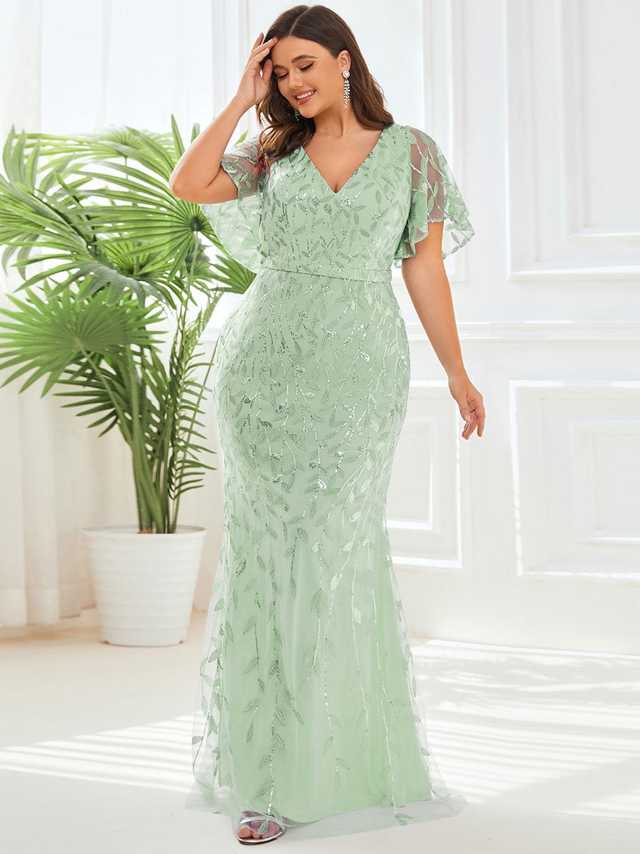 Fashion Plus Size V Neck Mermaid Sequin & Tulle Evening Dress #color_Mint Green