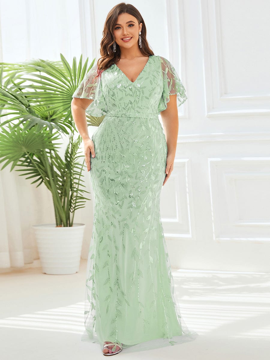 Fashion Plus Size V Neck Mermaid Sequin & Tulle Evening Dress #color_Mint Green