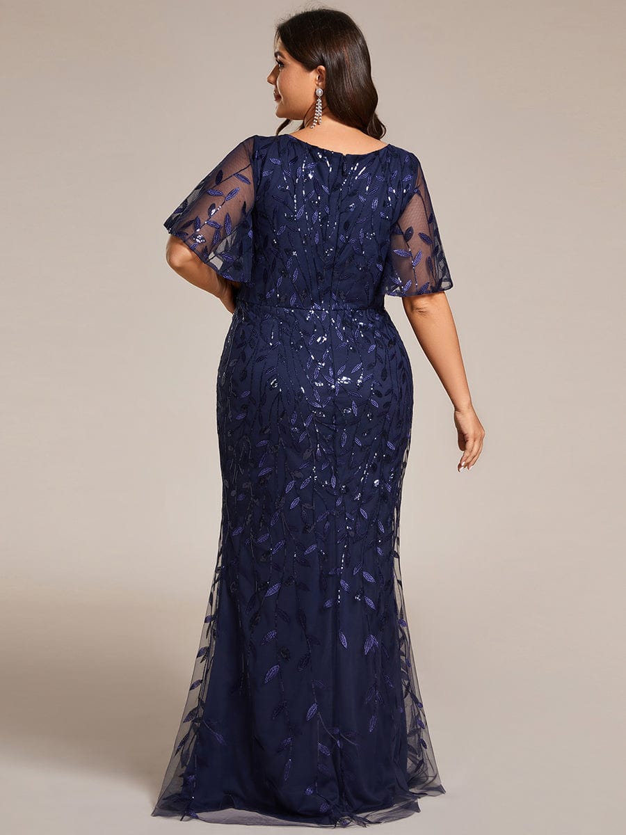 Fashion Plus Size V Neck Mermaid Sequin & Tulle Evening Dress #color_Navy Blue