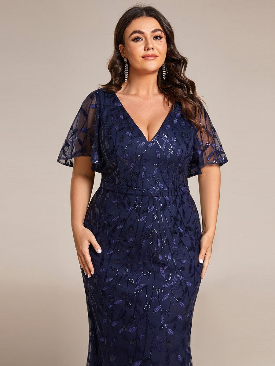 Fashion Plus Size V Neck Mermaid Sequin & Tulle Evening Dress #color_Navy Blue