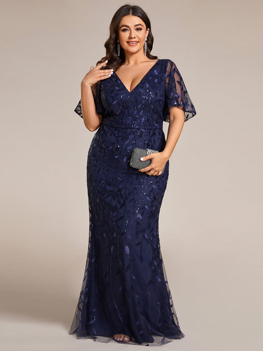 Fashion Plus Size V Neck Mermaid Sequin & Tulle Evening Dress #color_Navy Blue