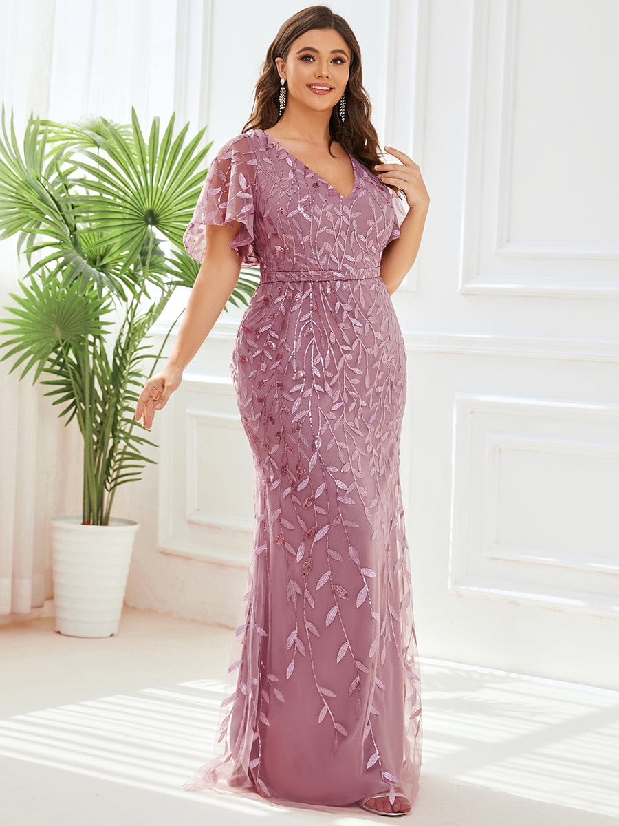 Gorgeous V Neck Leaf-Sequined Fishtail Party Dress #color_Purple Orchid