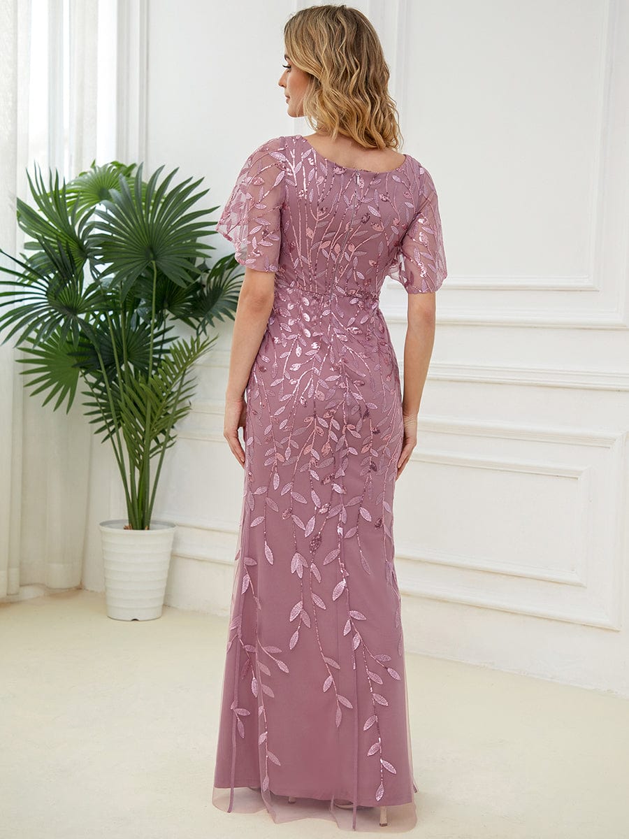 Gorgeous V Neck Leaf-Sequined Fishtail Party Dress #color_Purple Orchid