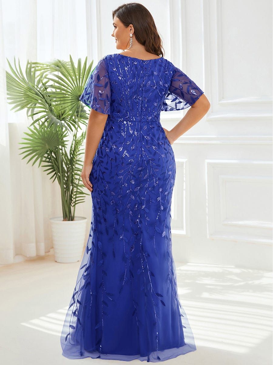 Fashion Plus Size V Neck Mermaid Sequin & Tulle Evening Dress #color_Sapphire Blue