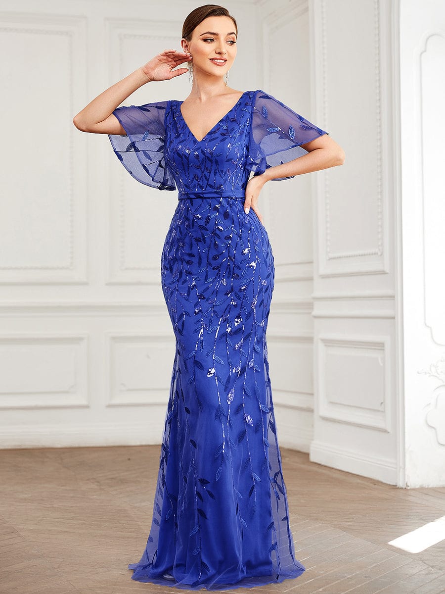 Gorgeous V Neck Leaf-Sequined Fishtail Party Dress #color_Sapphire Blue