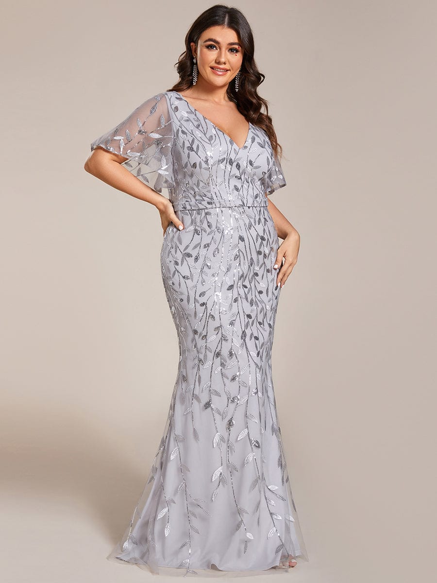 Fashion Plus Size V Neck Mermaid Sequin & Tulle Evening Dress #color_Silver