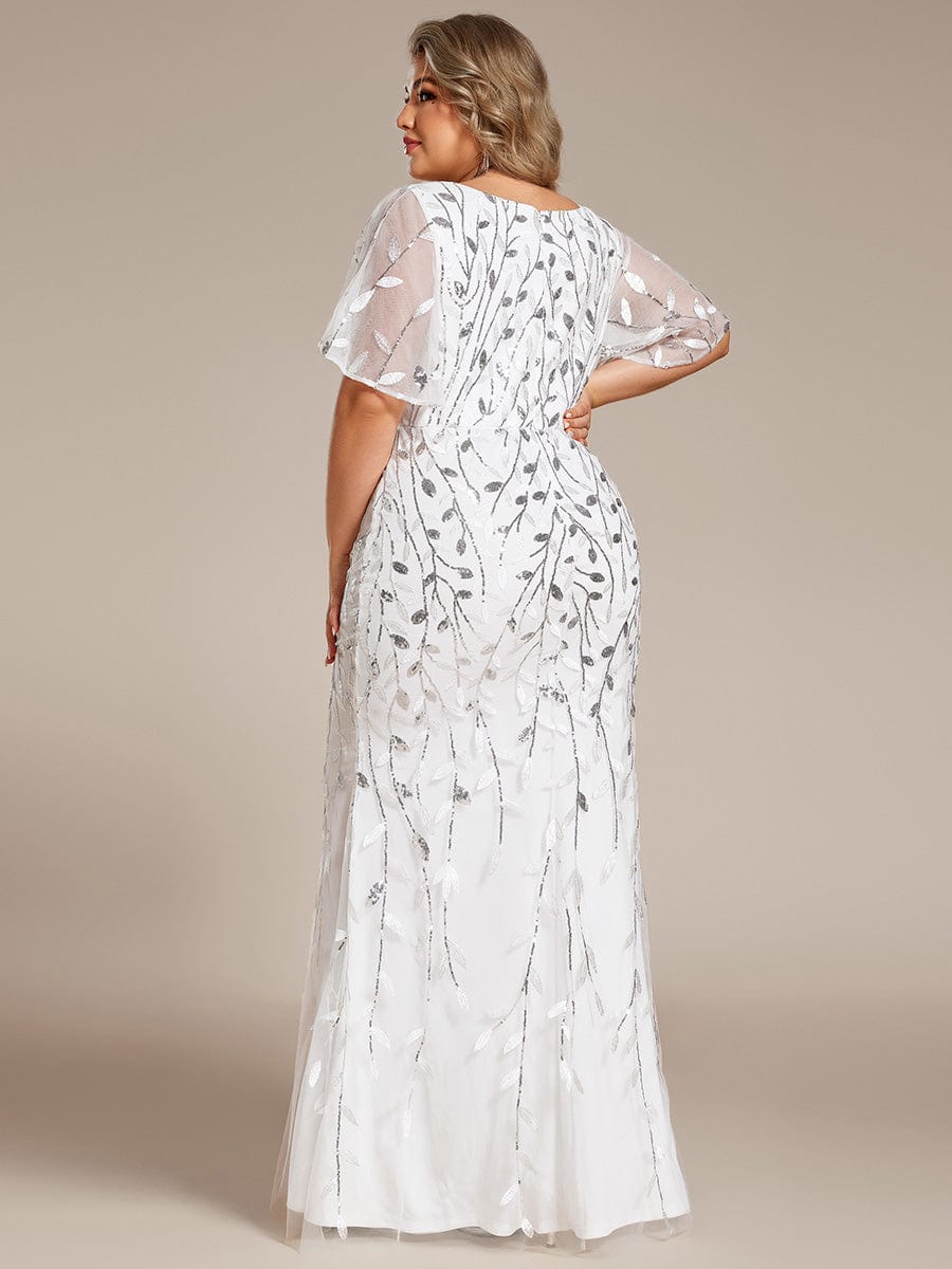 Gorgeous V Neck Leaf-Sequined Fishtail Party Dress #color_White