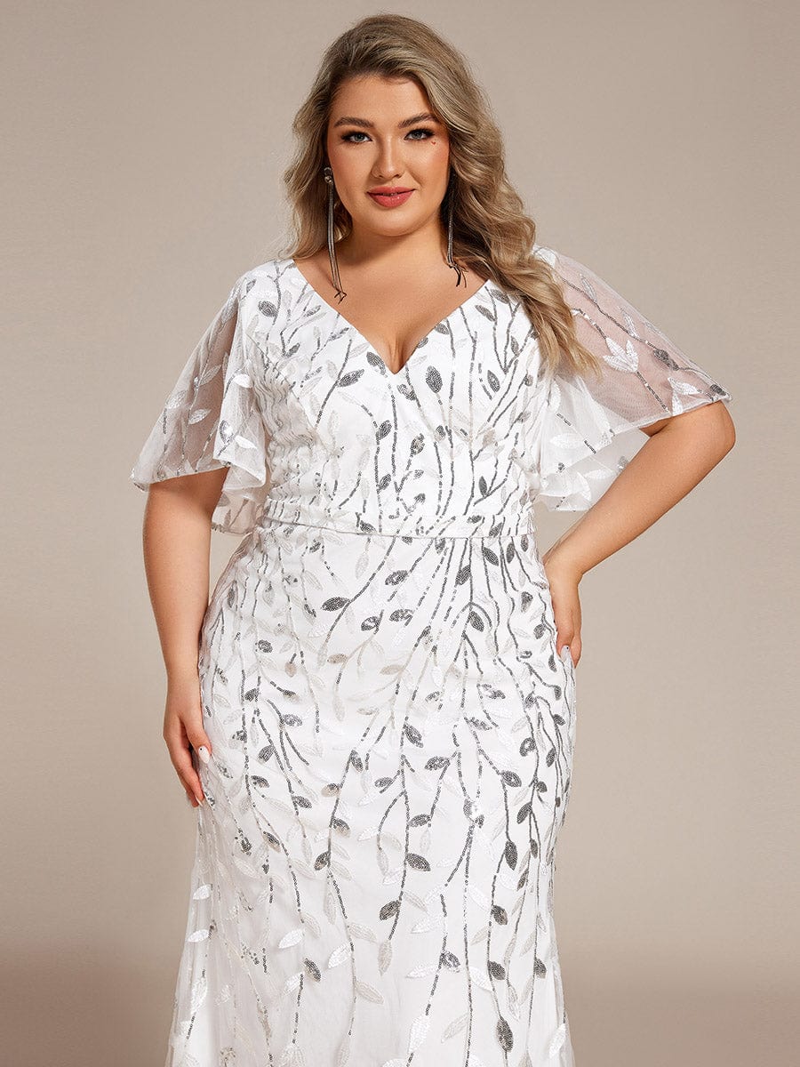 Fashion Plus Size V Neck Mermaid Sequin & Tulle Evening Dress #color_White