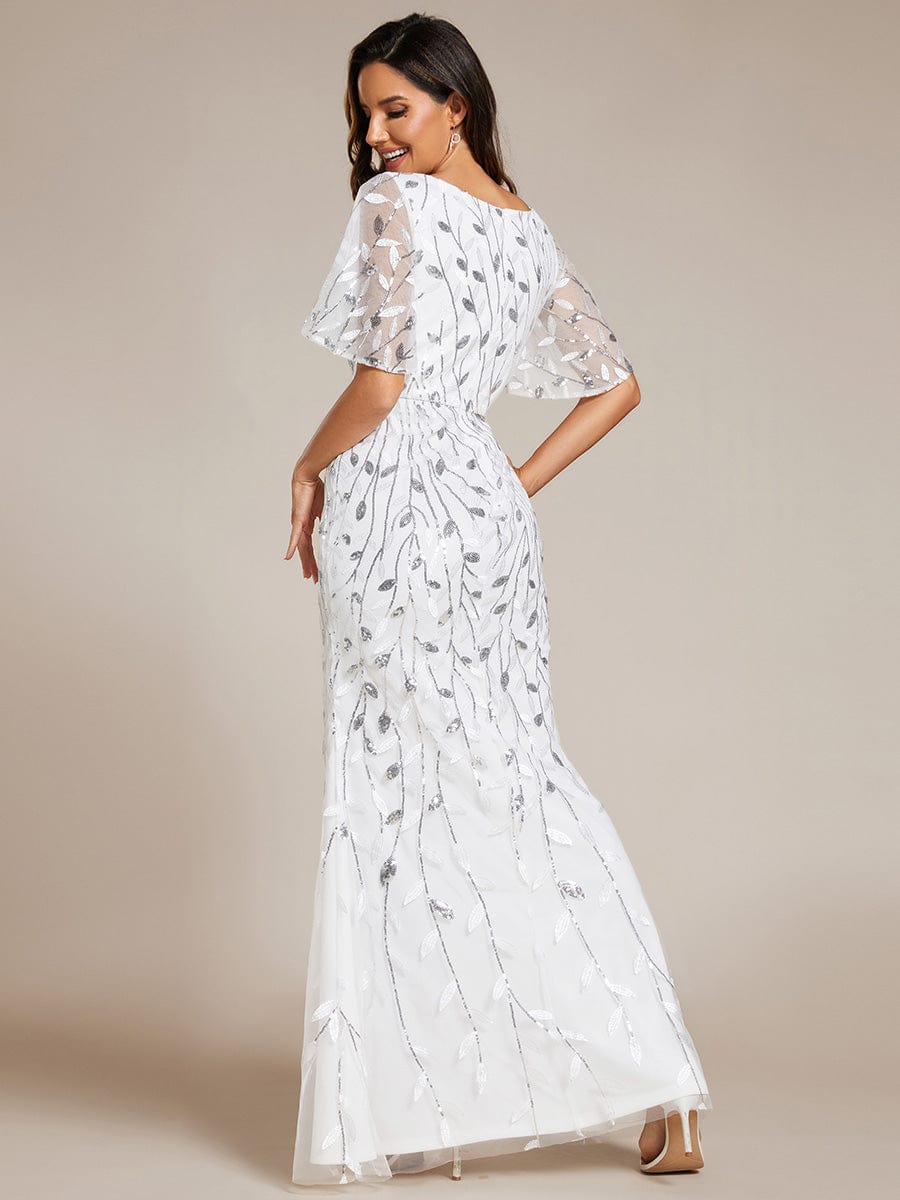 Gorgeous V Neck Leaf-Sequined Fishtail Party Dress #color_White