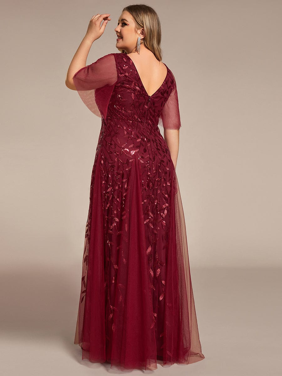 Shimmery V Neck Ruffle Sleeves Sequin Maxi Long Evening Dress #color_Burgundy