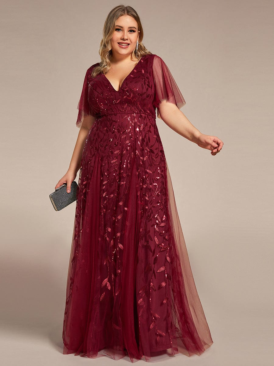 Shimmery V Neck Ruffle Sleeves Sequin Maxi Long Evening Dress #color_Burgundy