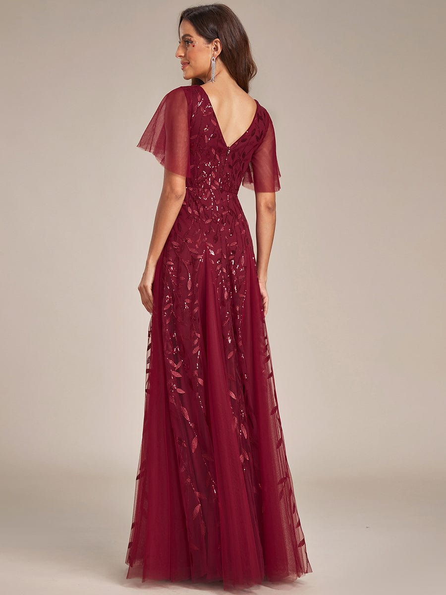 Shimmery V Neck Ruffle Sleeves Sequin Maxi Long Evening Dress #color_Burgundy