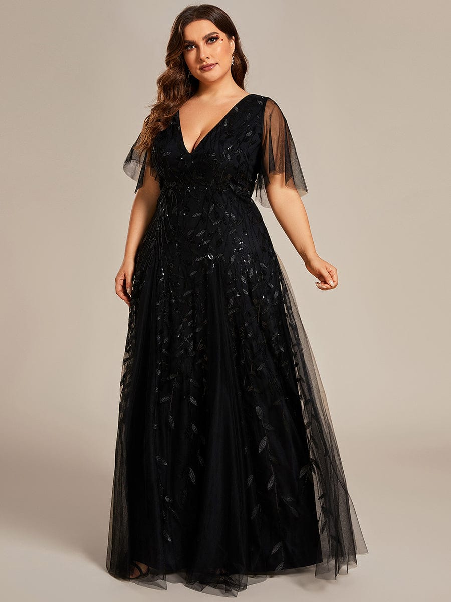 Shimmery V Neck Ruffle Sleeves Sequin Maxi Long Evening Dress #color_Black