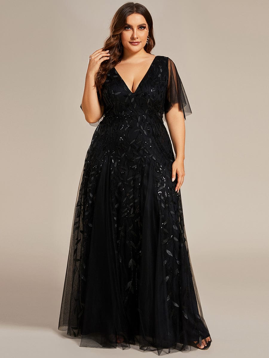 Custom Size V Neck Ruffle Sleeves Sequin Maxi Evening Dress #color_Black