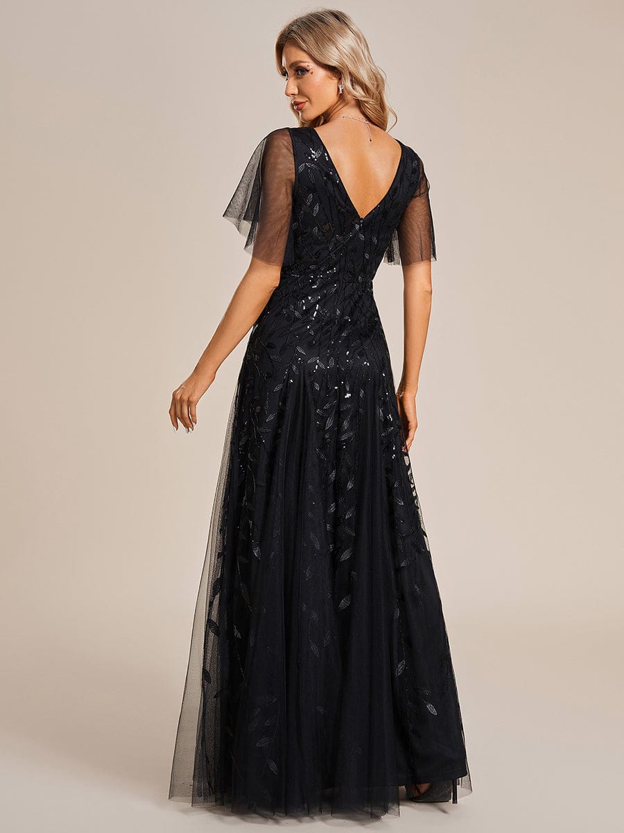 Shimmery V Neck Ruffle Sleeves Sequin Maxi Long Evening Dress #color_Black