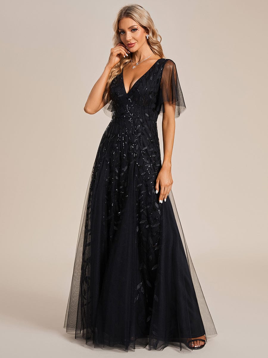 Shimmery V Neck Ruffle Sleeves Sequin Maxi Long Evening Dress #color_Black