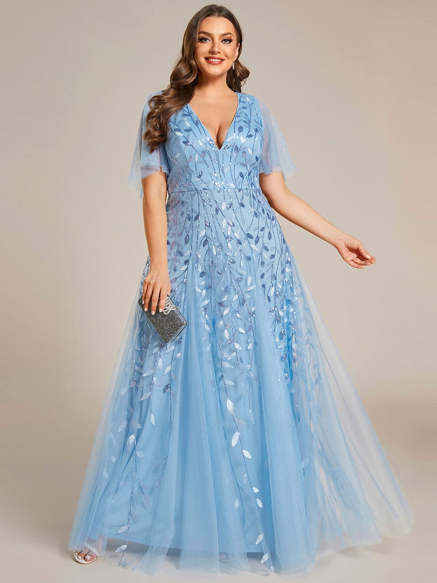 Shimmery V Neck Ruffle Sleeves Sequin Maxi Long Evening Dress #color_Sky Blue