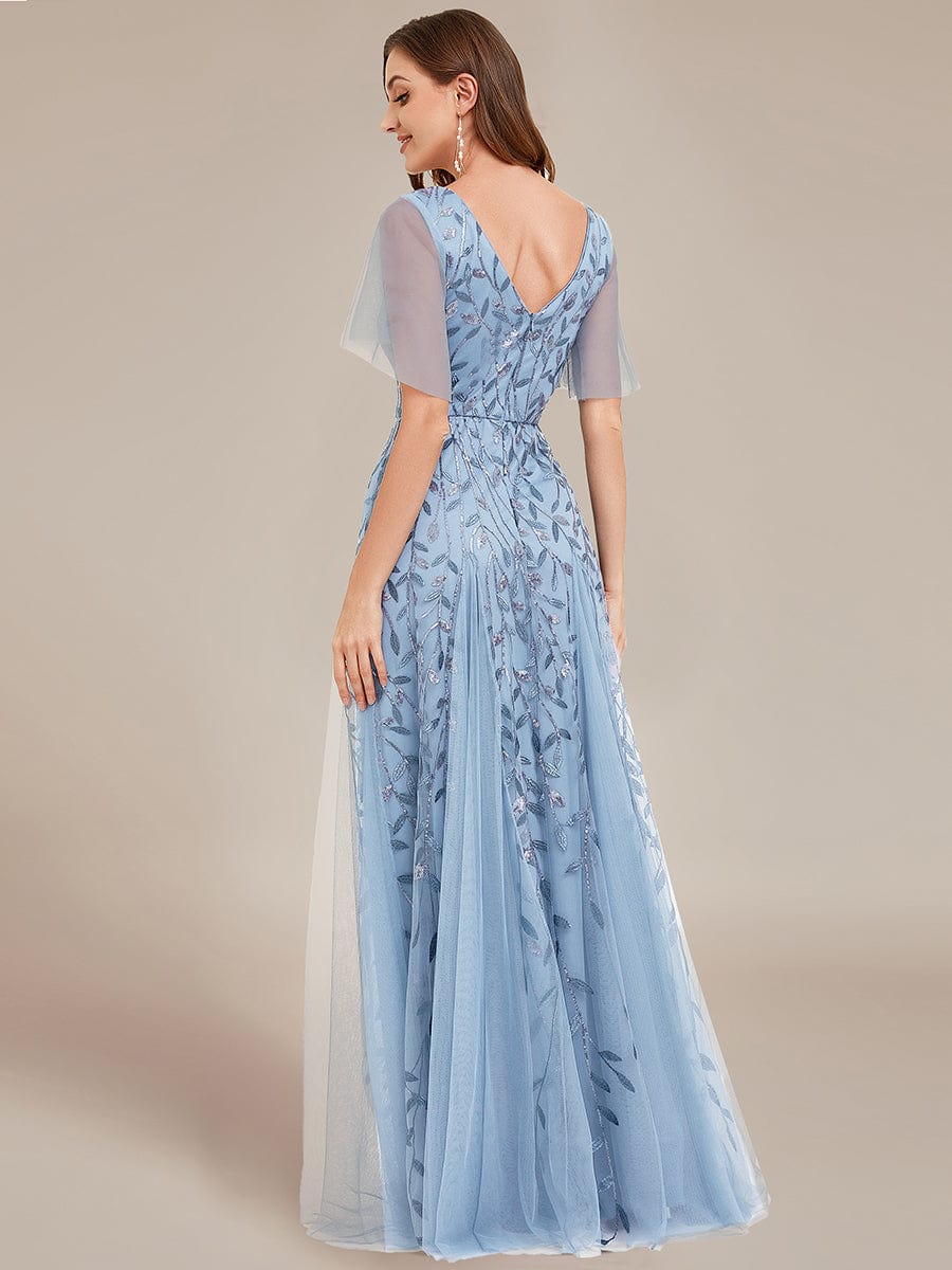 Shimmery V Neck Ruffle Sleeves Sequin Maxi Long Evening Dress #color_Sky Blue