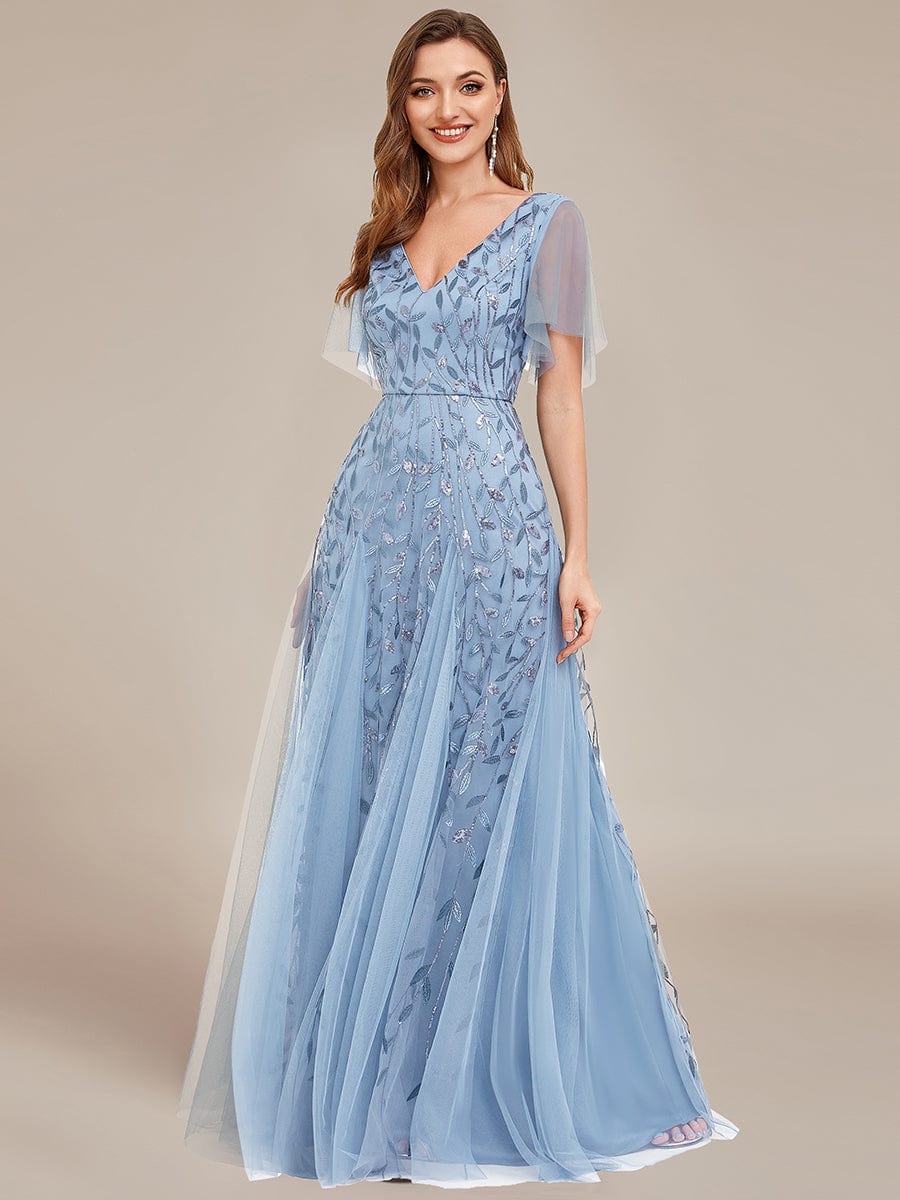 Shimmery V Neck Ruffle Sleeves Sequin Maxi Long Evening Dress #color_Sky Blue