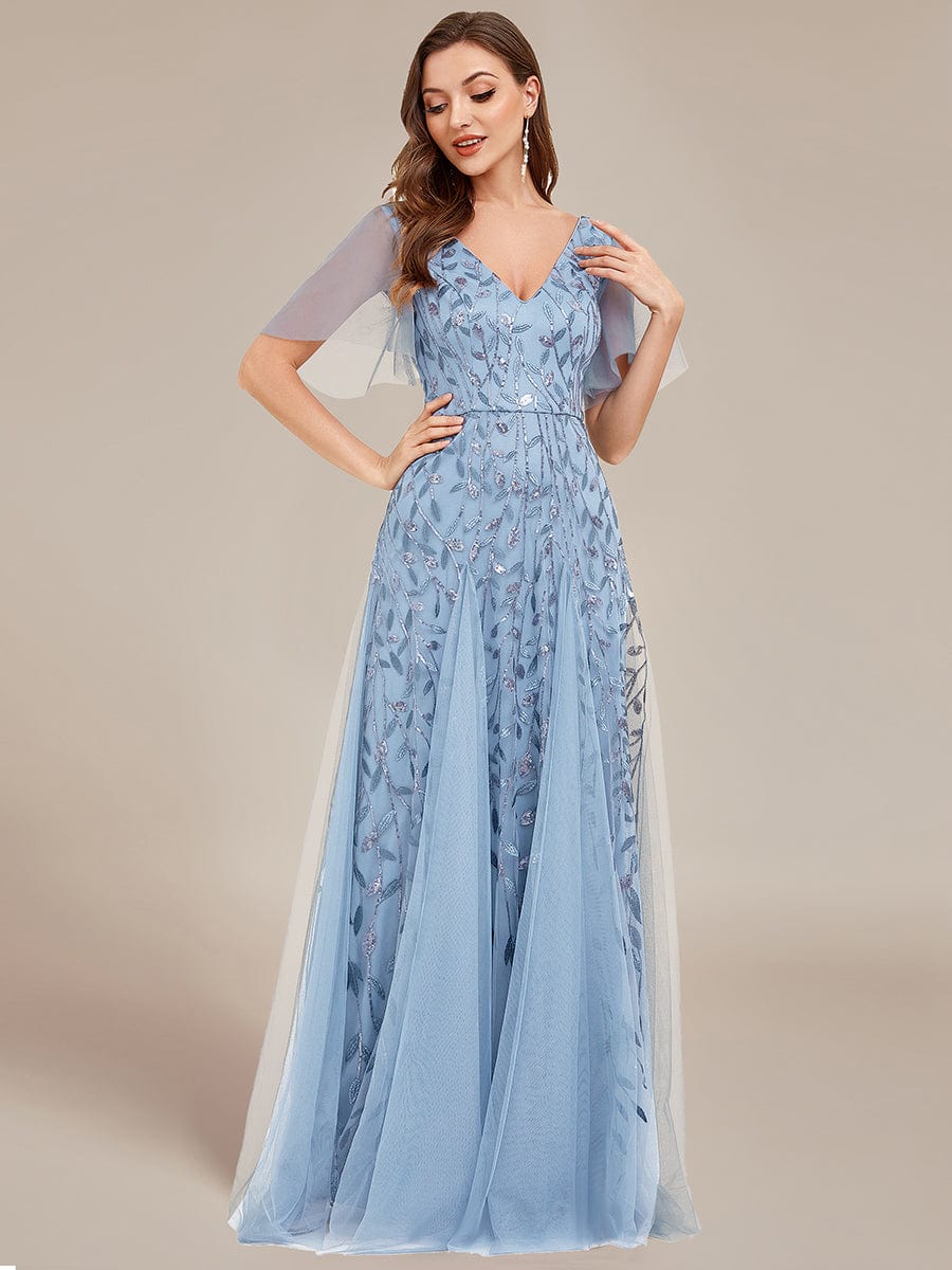 Shimmery V Neck Ruffle Sleeves Sequin Maxi Long Evening Dress #color_Sky Blue