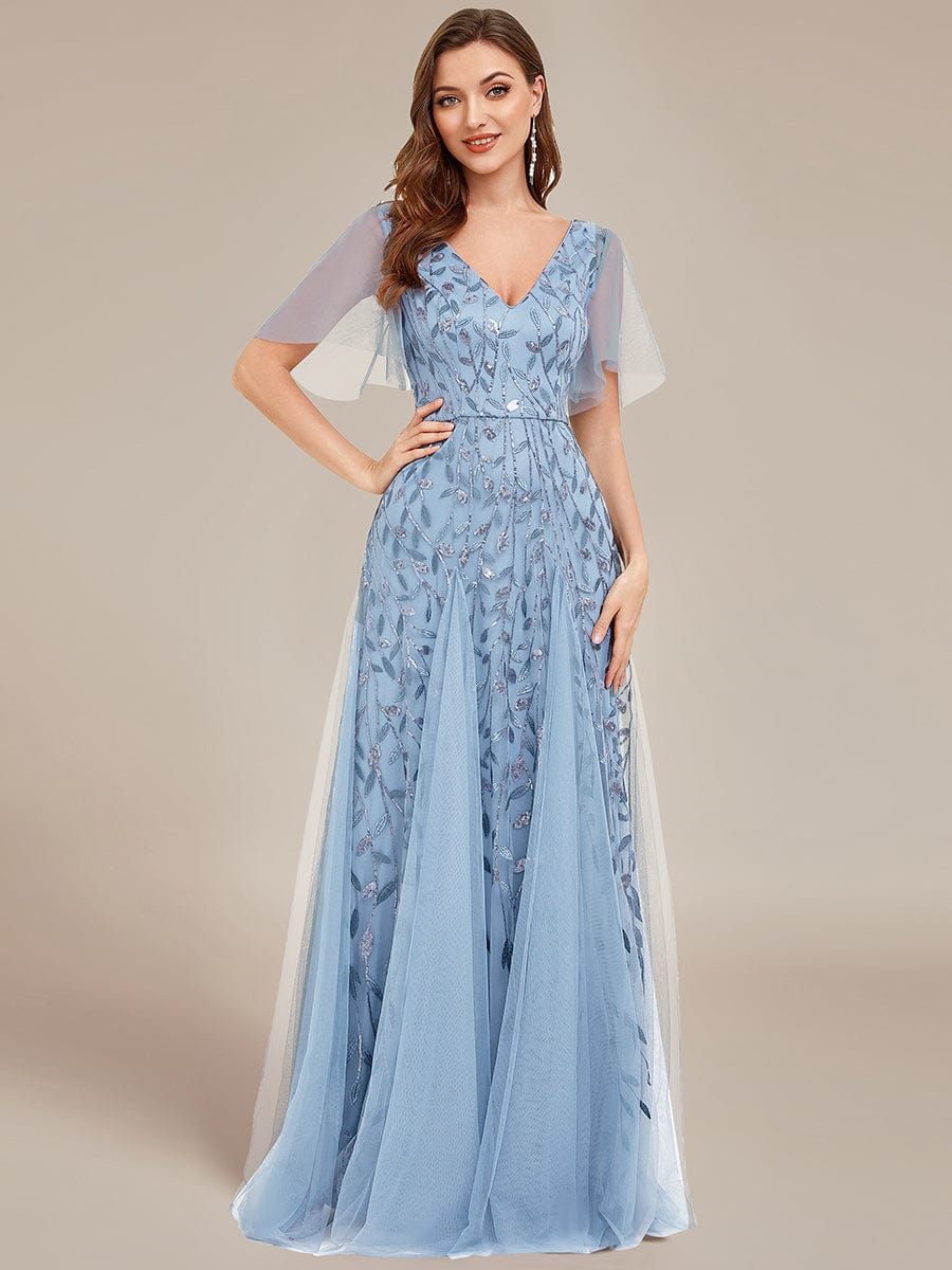 Shimmery V Neck Ruffle Sleeves Sequin Maxi Long Evening Dress #color_Sky Blue