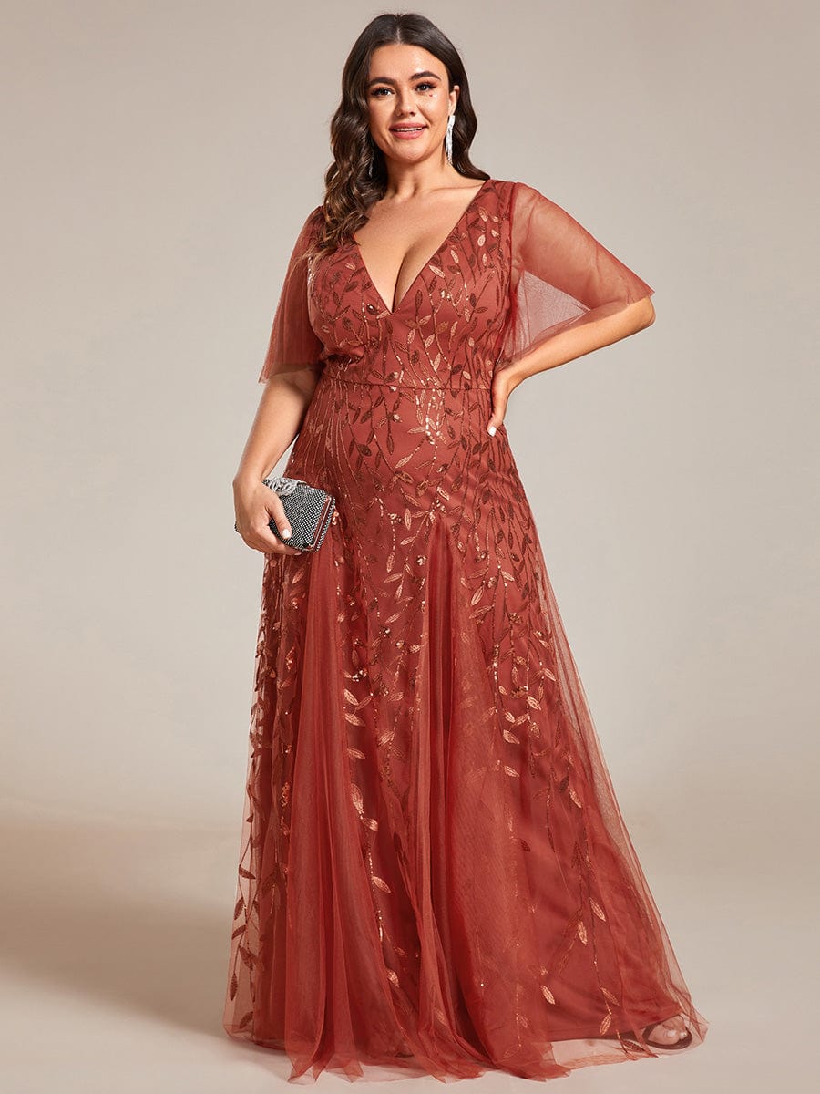 Custom Size V Neck Ruffle Sleeves Sequin Maxi Evening Dress #color_Burnt Orange