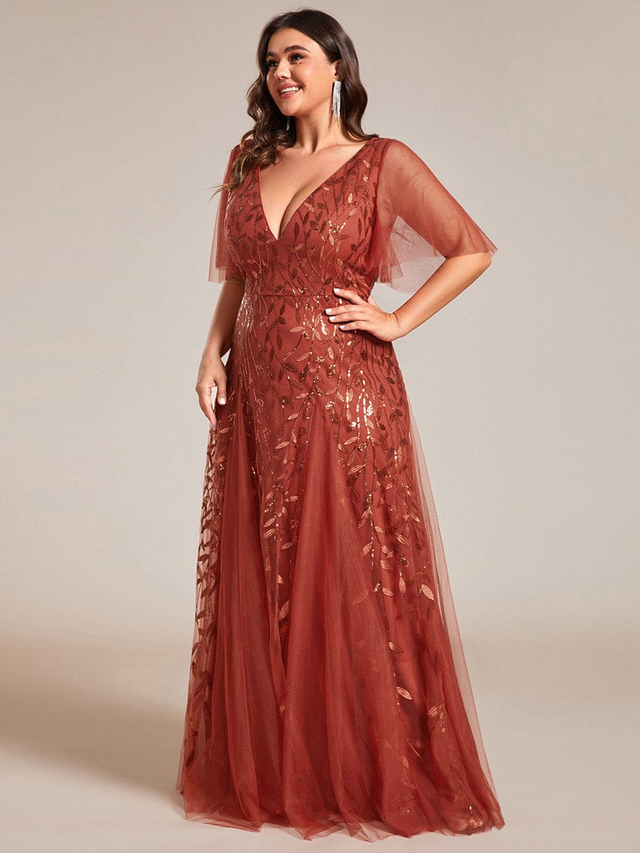 Custom Size V Neck Ruffle Sleeves Sequin Maxi Evening Dress #color_Burnt Orange