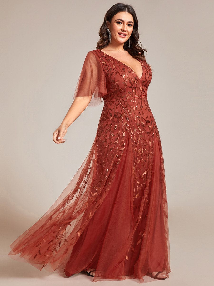 Custom Size V Neck Ruffle Sleeves Sequin Maxi Evening Dress #color_Burnt Orange