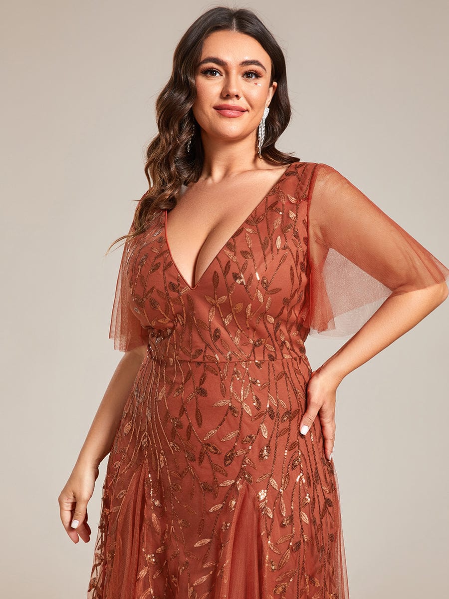 Shimmery V Neck Ruffle Sleeves Sequin Maxi Long Evening Dress #color_Burnt Orange