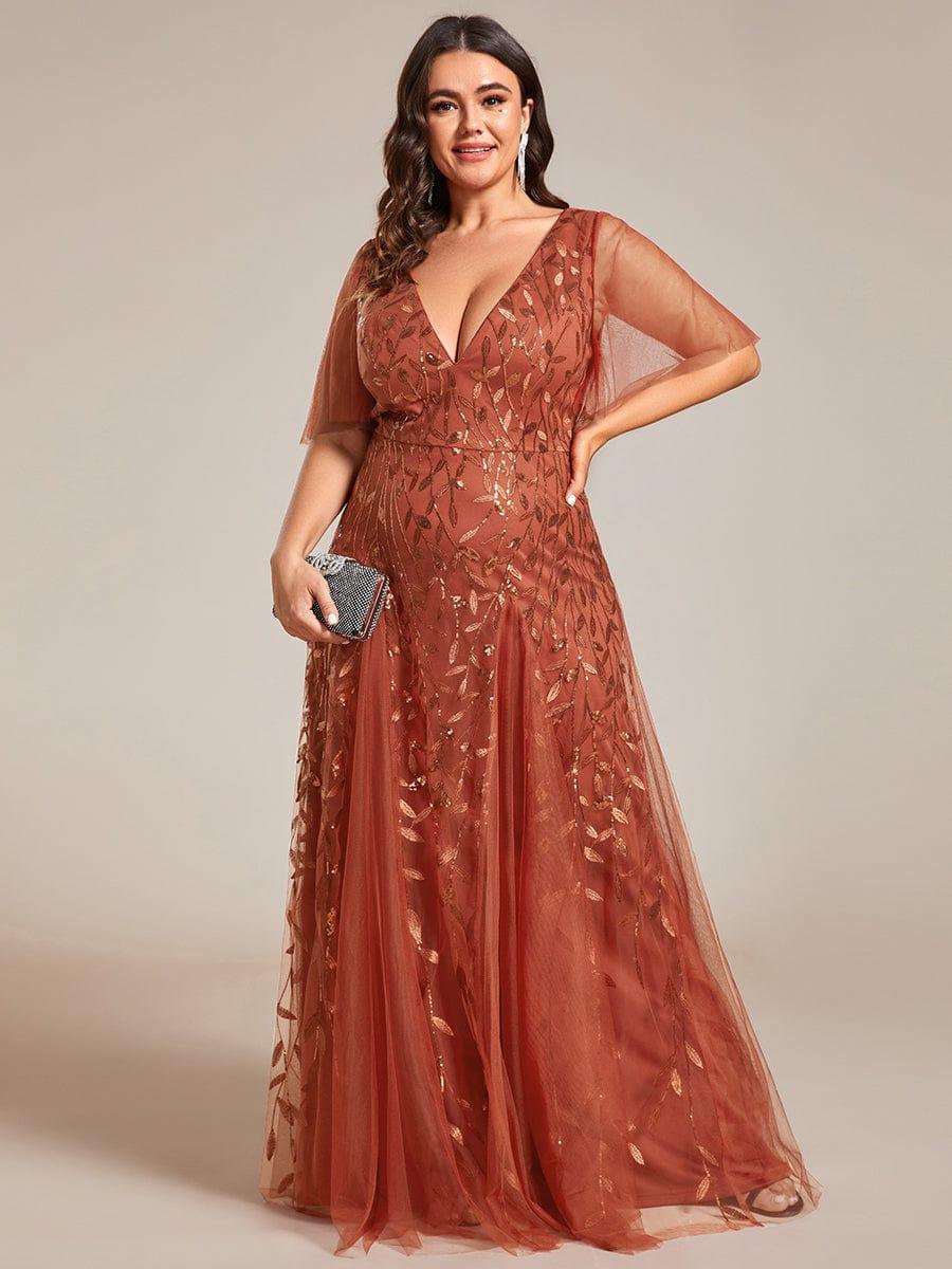 Shimmery V Neck Ruffle Sleeves Sequin Maxi Long Evening Dress #color_Burnt Orange