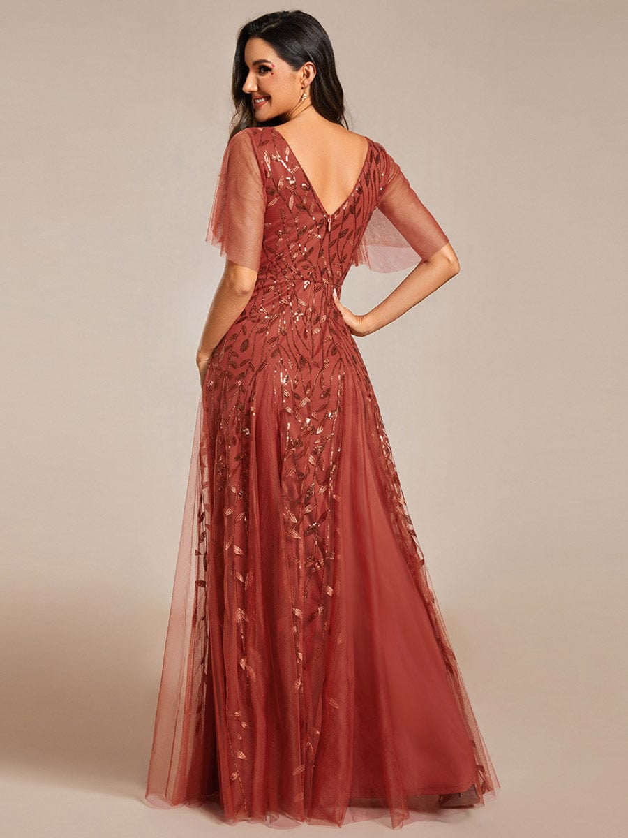 Custom Size V Neck Ruffle Sleeves Sequin Maxi Evening Dress #color_Burnt Orange