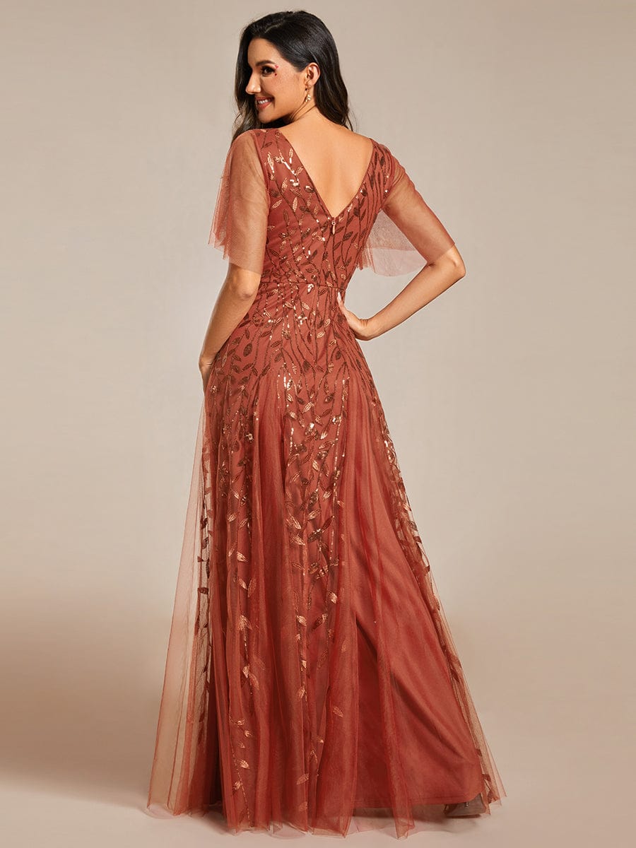 Shimmery V Neck Ruffle Sleeves Sequin Maxi Long Evening Dress #color_Burnt Orange