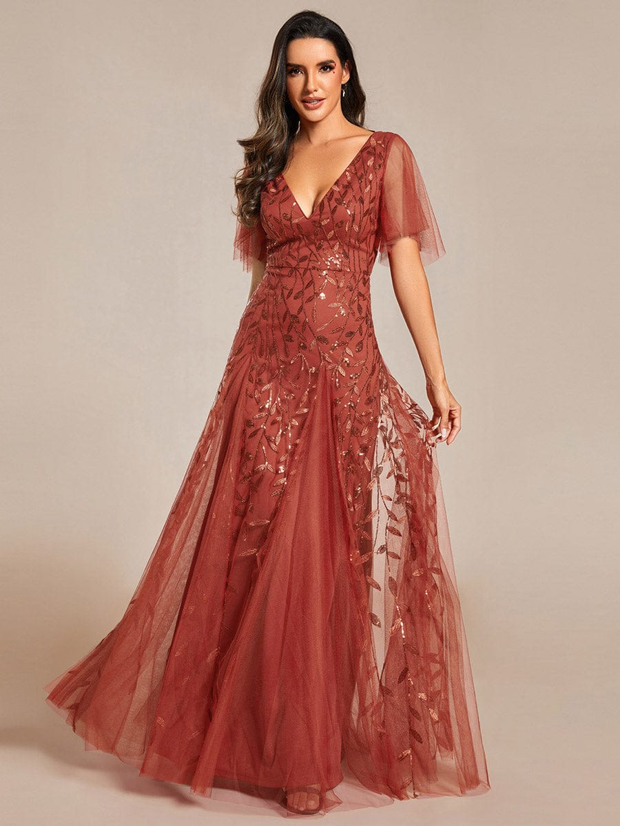 Custom Size V Neck Ruffle Sleeves Sequin Maxi Evening Dress #color_Burnt Orange