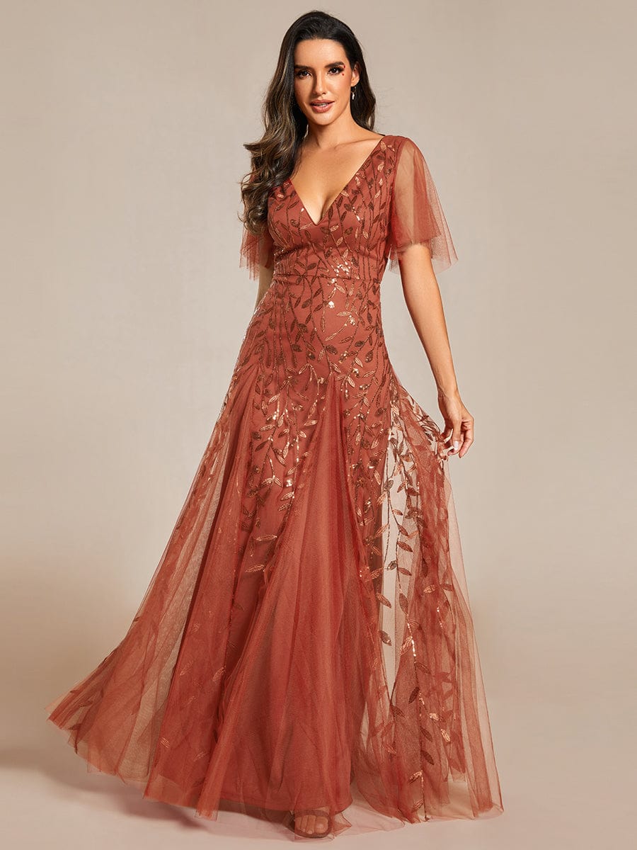 Shimmery V Neck Ruffle Sleeves Sequin Maxi Long Evening Dress #color_Burnt Orange