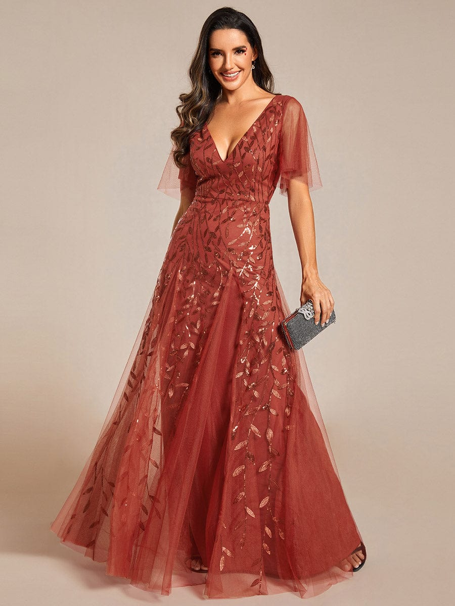 Custom Size V Neck Ruffle Sleeves Sequin Maxi Evening Dress #color_Burnt Orange